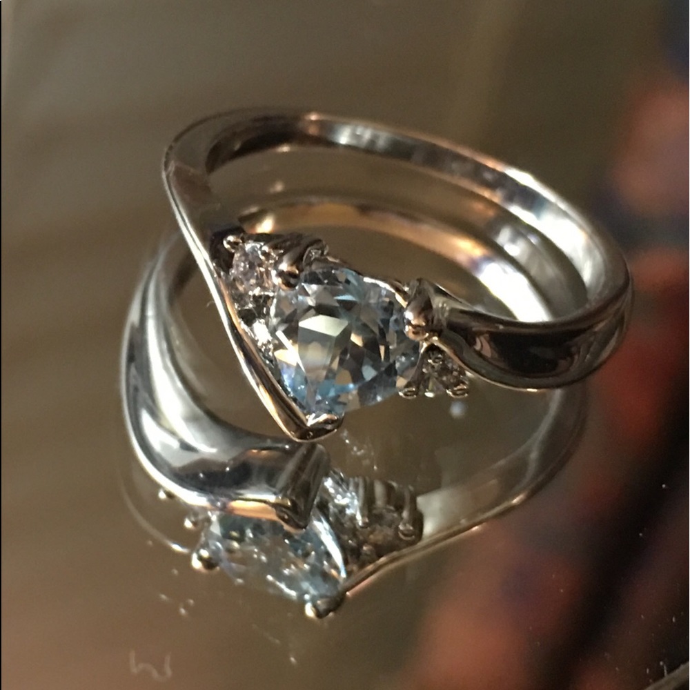 NEW Genuine Blue Topaz Heart Ring with CZ Accent